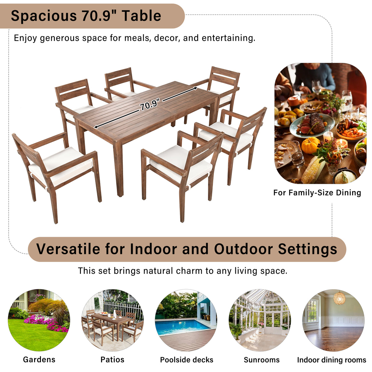 variant-group:rf-n711wy000459aad|Roomfitters 7-Piece Acacia Wood Outdoor Dining Set with Cushions, 6 Armchairs and Rectangular Table for Patio Garden, Burly Wood
