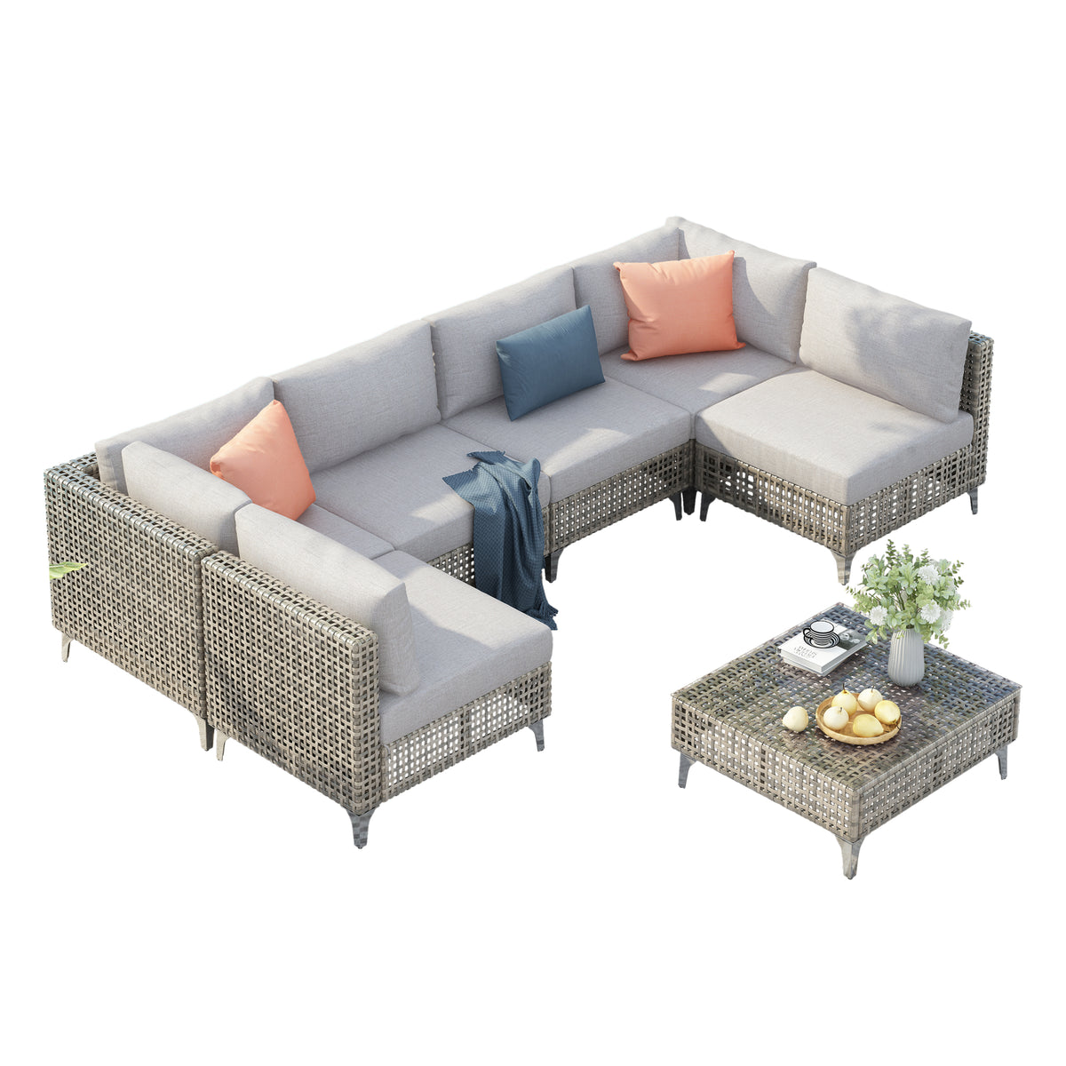 variant-group:rf-n707s000011g|Roomfitters 7-Piece Wicker Patio Furniture Set, Outdoor Sectional Sofa with Water-Resistant Cushions, Table, Grey