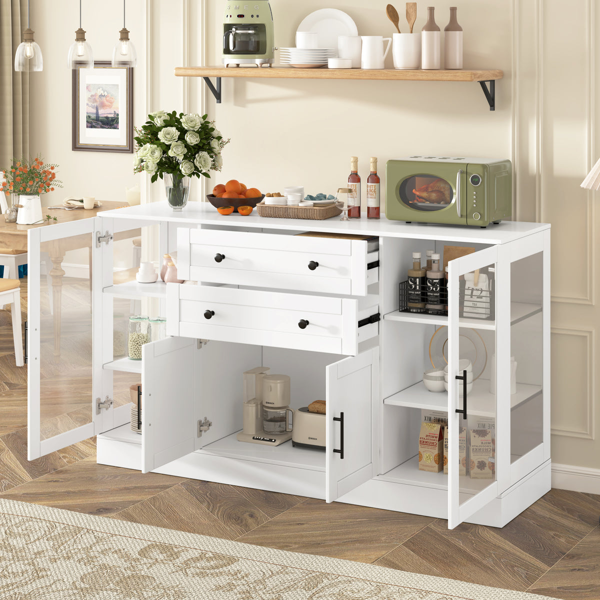 variant-group:rf-n711p437648k|Roomfitters Contemporary White Melamine MDF Buffet Sideboard Storage Cabinet Acrylic Doors Dining Room Kitchen Console