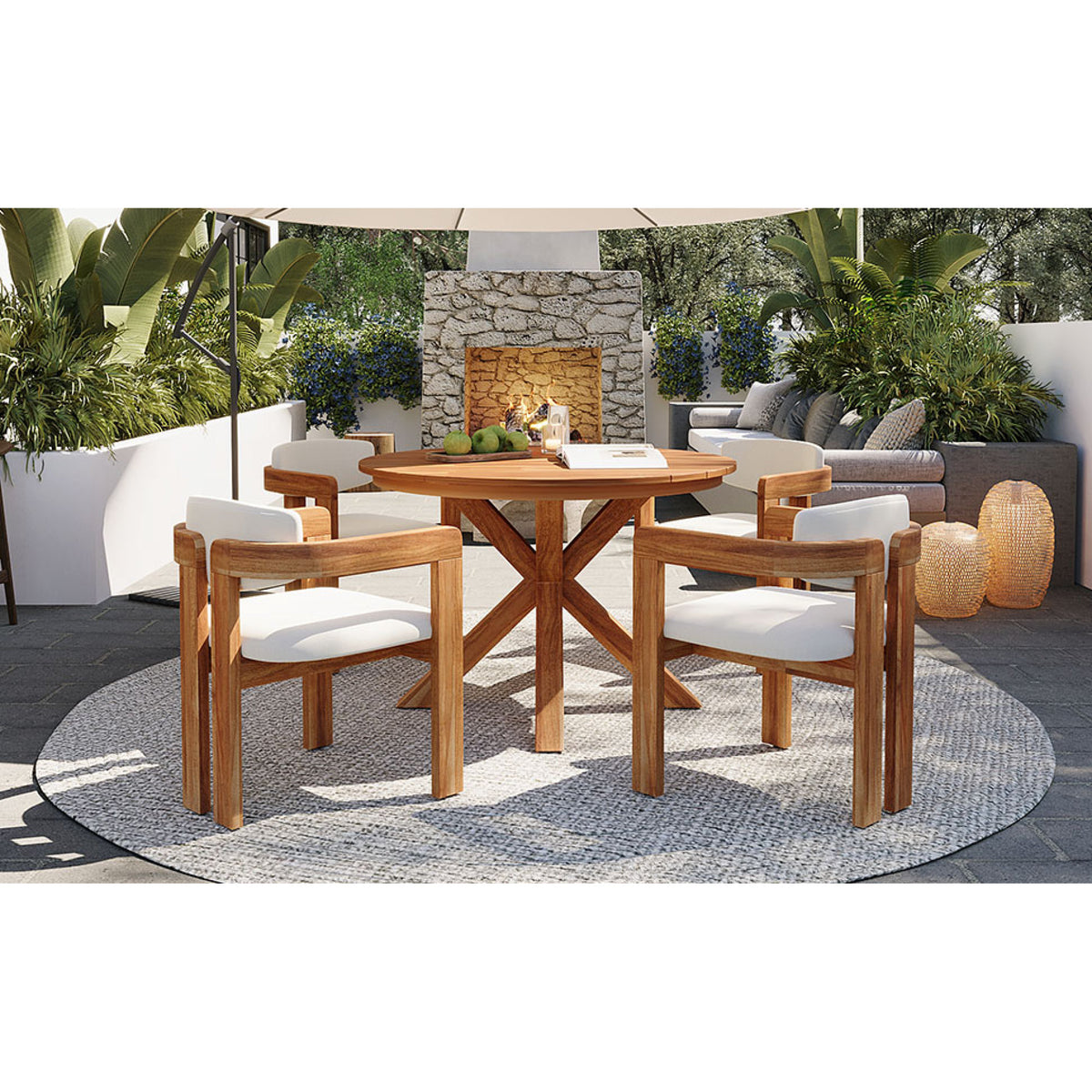 variant-group:rf-n704g201258a|Roomfitters 5-Piece Outdoor Acacia Wood Round Dining Set with Ergonomic Barrel Armchairs Beige Cushions