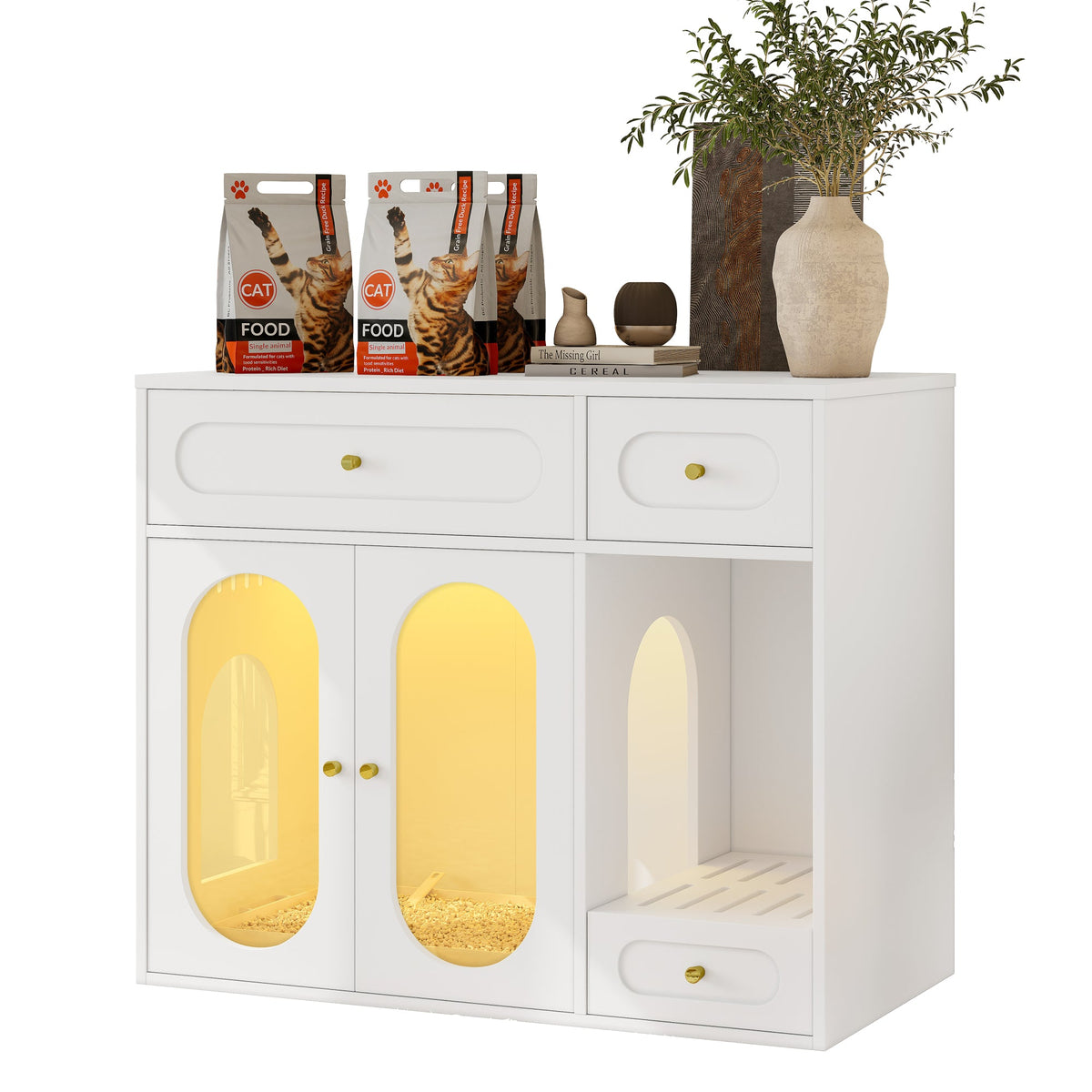 Roomfitters White Chic Sideboard Style Cat Litter Box Enclosure Cabinet with App Controlled LED Lighting Roomfitters