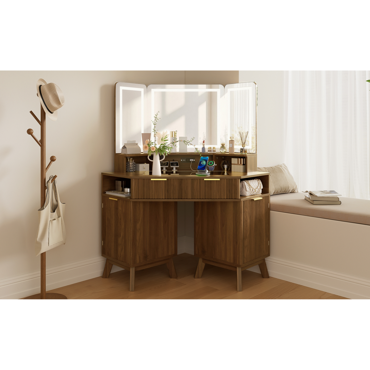 variant-group:rf-n704p392485p|Roomfitters 47.2" Corner Makeup Vanity Desk with 3-Panel LED Mirror, Glass Top, Charging Station and Storage Hutch, Walnut