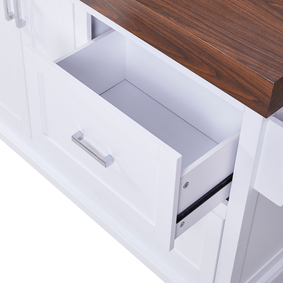 variant-group:rf-n707s000025w|Roomfitters 53" Kitchen Island with Butcher Block Top, Storage Cabinet with Drawers, Spice Rack and Towel Holder, White