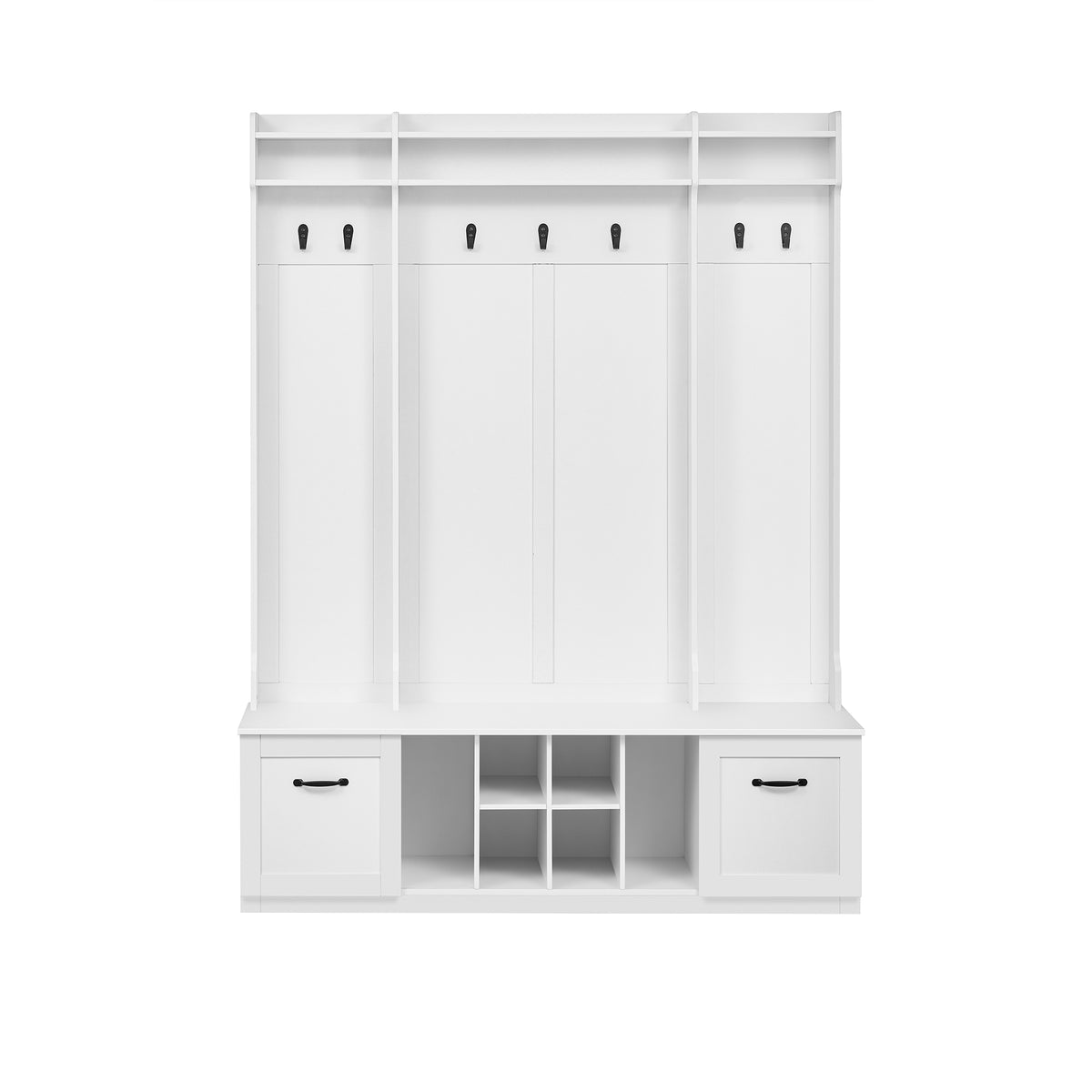 variant-group:rf-n724p235232k|Roomfitters 5-in-1 Entryway Bench with Coat Rack, Hooks, Drawers and Adjustable Shelves, Hall Tree for Hallway or Living Room, White