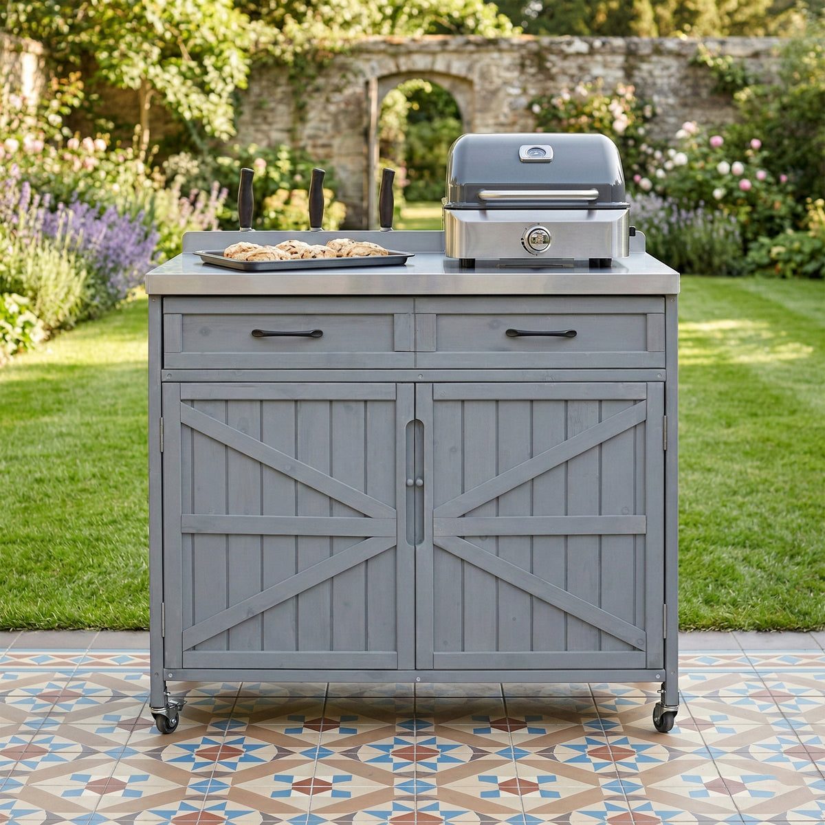 variant-group:rf-n707p370273g|Roomfitters 39.4" Grill Cart, Outdoor Kitchen Island with Stainless Steel Top, BBQ Prep Station with Storage Cabinet, Grey+Blue