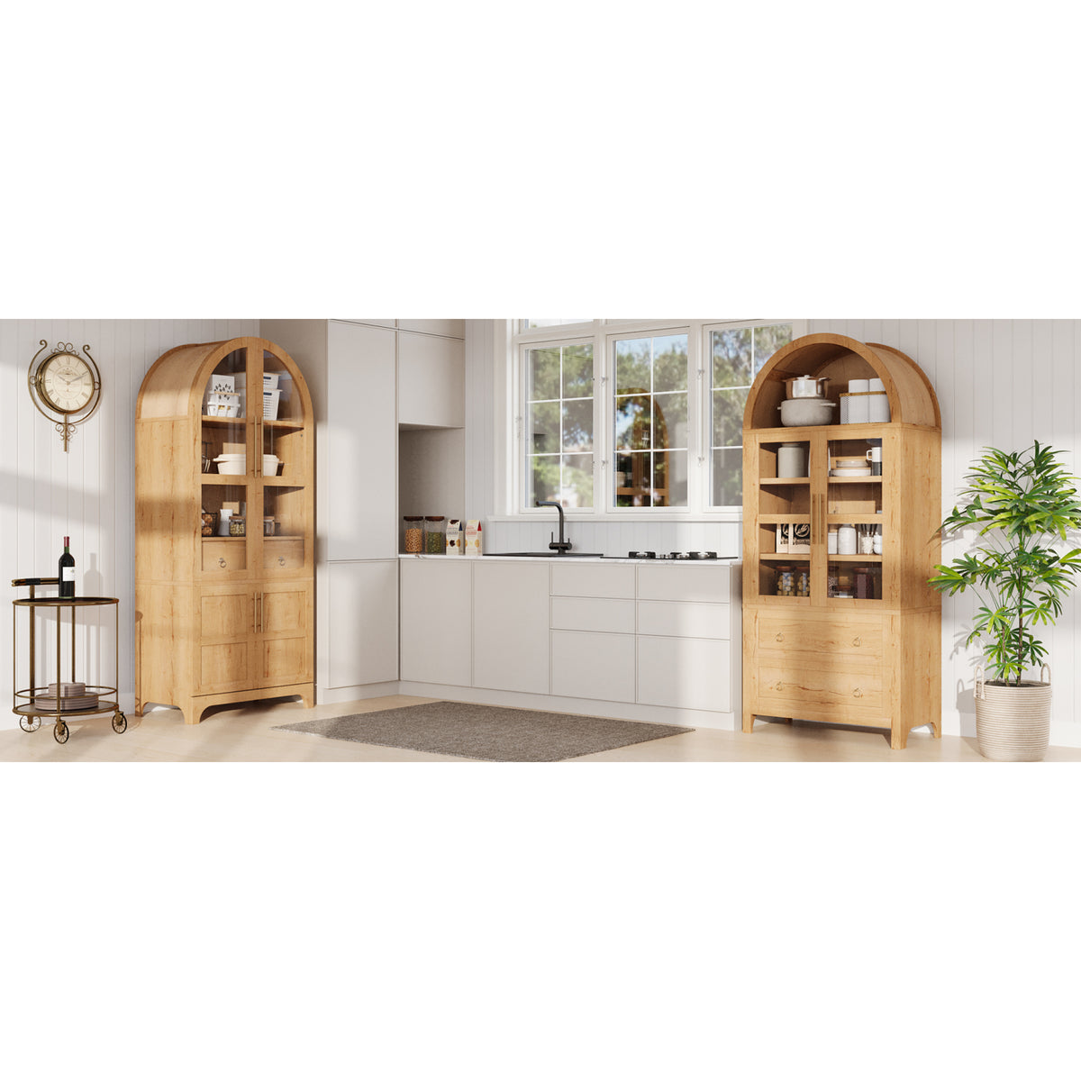 variant-group:rf-n707s288969y|Roomfitters 71" Pantry Cabinet with Arched Top & Glass Doors, 4-Door Storage Hutch with Adjustable Shelves for Kitchen, Natural