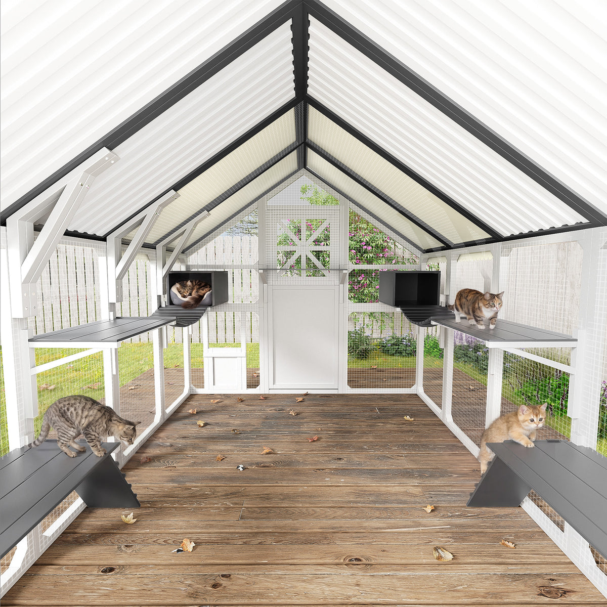 variant-group:rf-n704g201619e|Roomfitters Large Outdoor Cat House with Detachable Planter Stand and Scratching Posts Gray