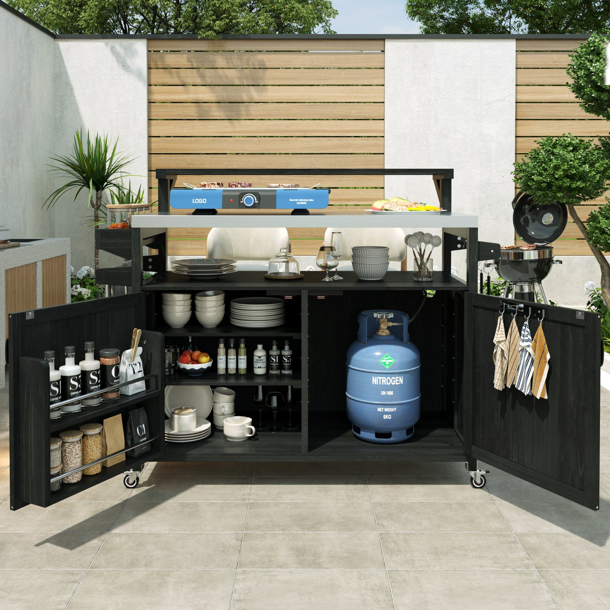 Roomfitters 56.5" Grill Cart, Outdoor Kitchen Island with Stainless Steel Top and Storage Cabinet, BBQ Prep Station, Black