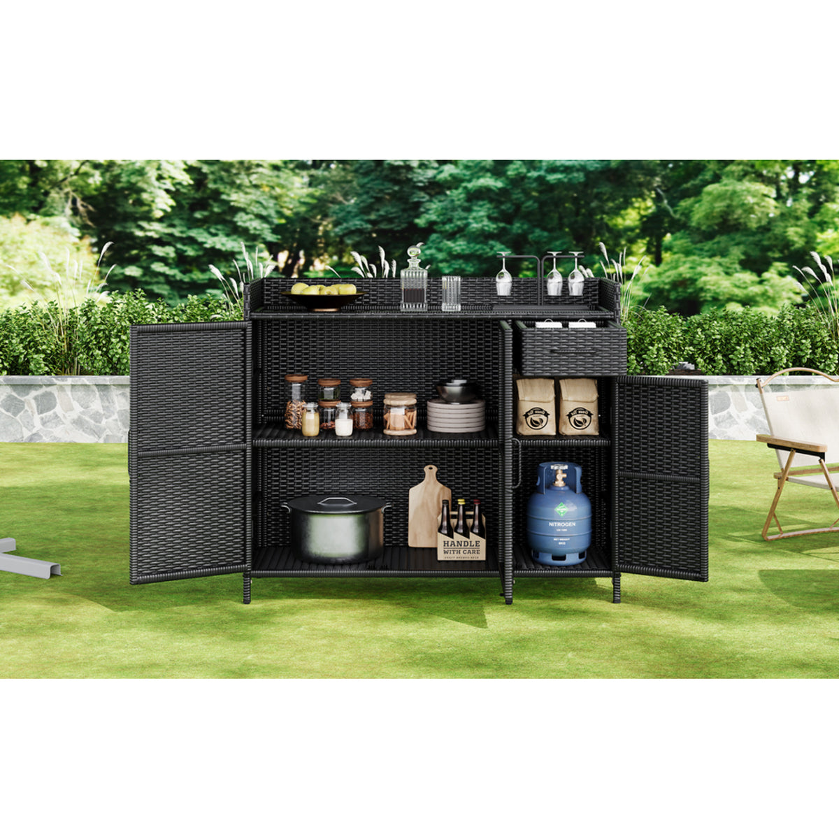 variant-group:rf-n707p233745b|Roomfitters 47.5" Wicker Outdoor Storage Cabinet, Rattan Bar Table with Glass Top, Adjustable Shelf, 3 Doors, Black Brown
