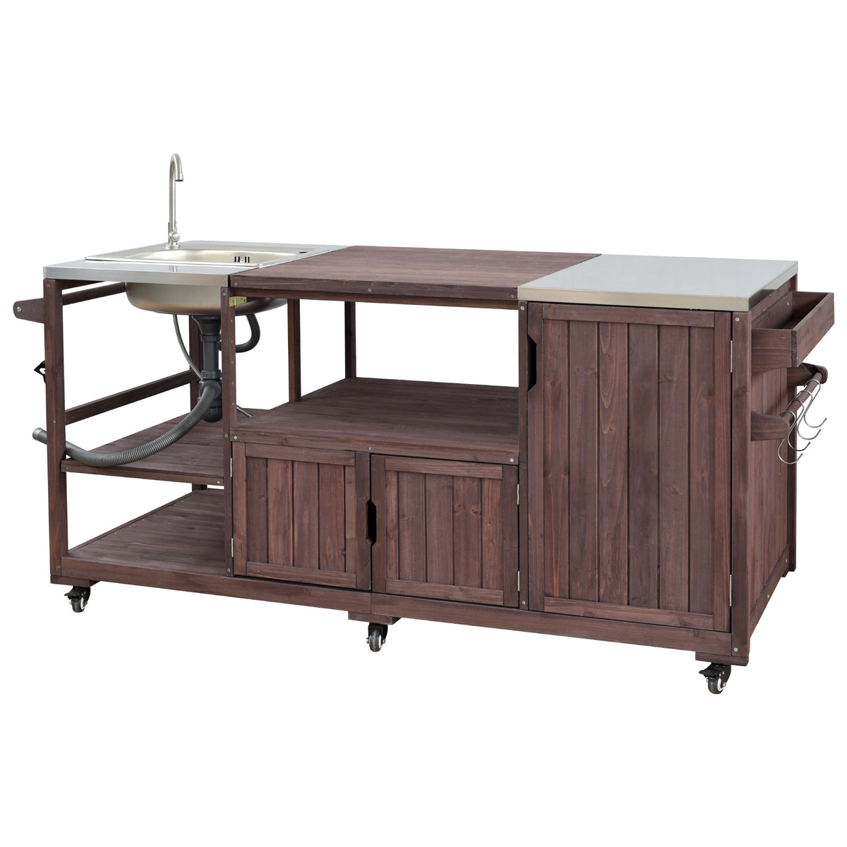 variant-group:rf-n707s000022z|Roomfitters 75.4" Outdoor Kitchen Island with Sink, Fir Wood Grill Cart for XL Green Egg & Tabletop Grills, Brown