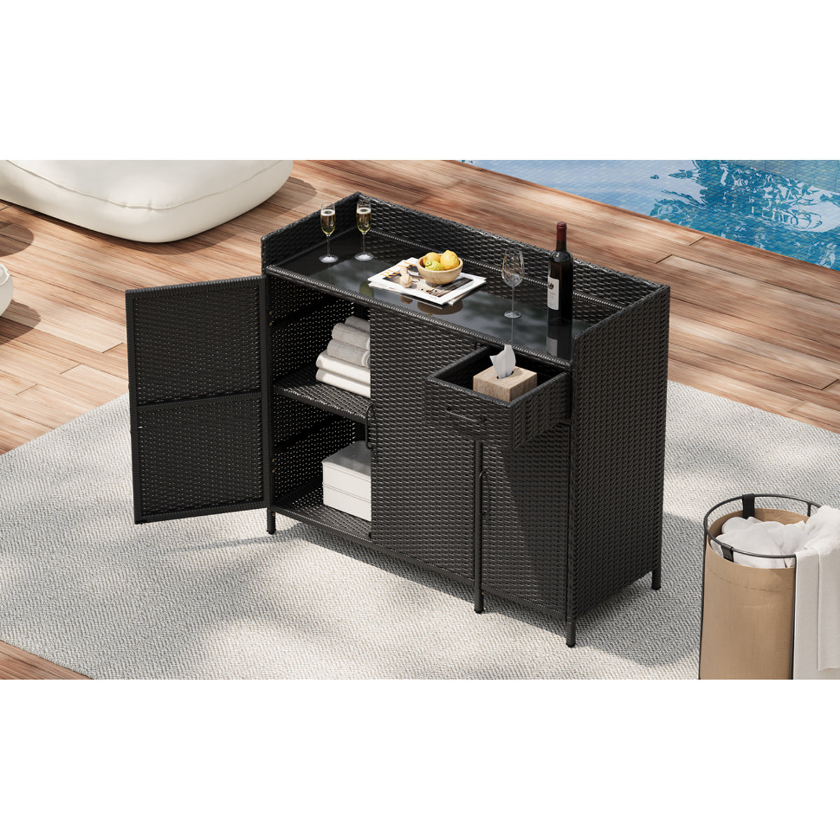 variant-group:rf-n707p233745b|Roomfitters 47.5" Wicker Outdoor Storage Cabinet, Rattan Bar Table with Glass Top, Adjustable Shelf, 3 Doors, Black Brown