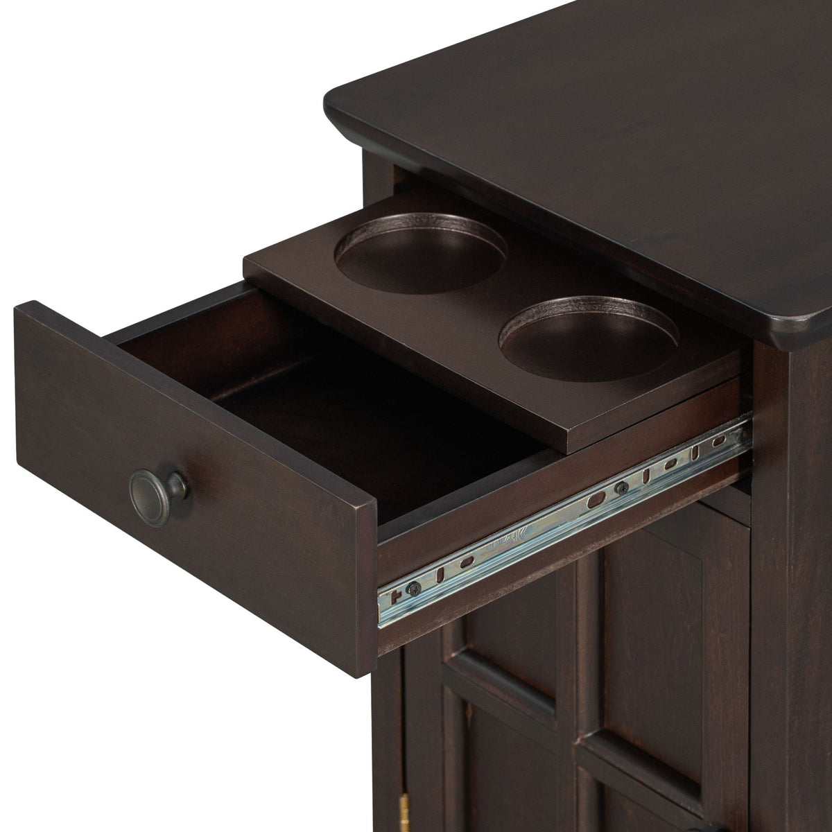 variant-group:rf-n724p185778p|Roomfitters Vintage End Table with USB Ports, Cup Holders and Multifunctional Storage for Living Room, Espresso