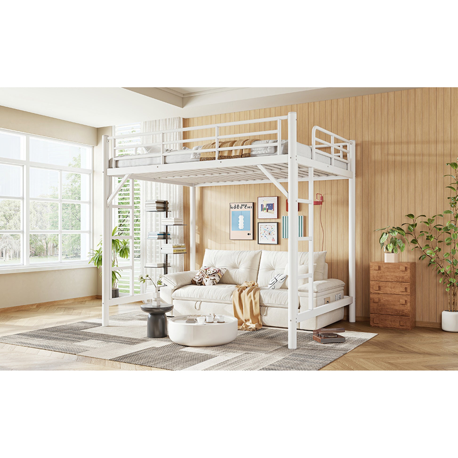 variant-group:rf-w1580p455016|Roomfitters Full Size Metal Loft Bed Frame with Guardrails, Heavy Duty Space Saving High Loft Bed Dual Ladders, White
