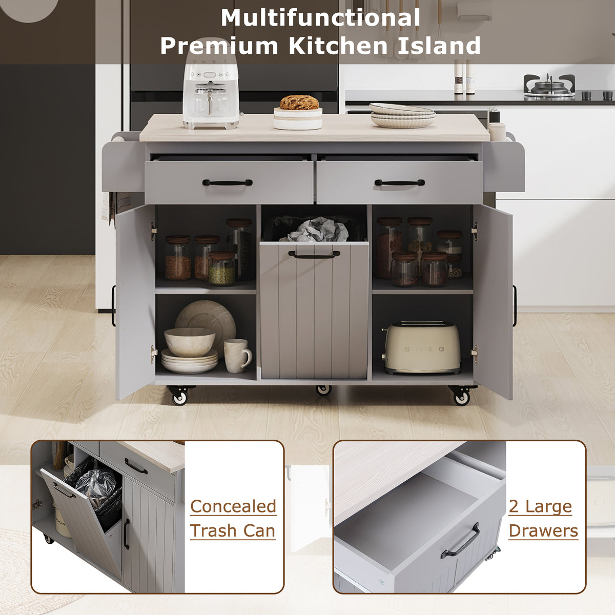 variant-group:rf-n707wf326381aag|Roomfitters Kitchen Island with Trash Can Storage Cabinet, Grey - Drop Leaf, Spice Rack, Towel Rack, Drawer, Adjustable Shelf, Rolling Island on Wheels, Grey