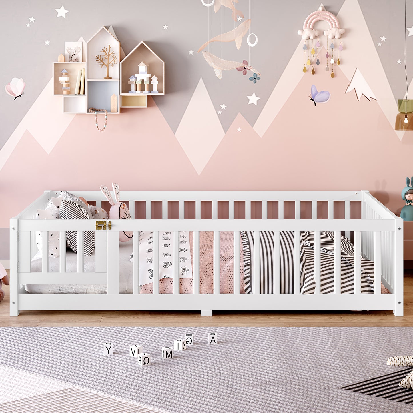 variant-group:rf-w1580p338950|Roomfitters Wooden Full Floor Bed Frame with Door & Safety Guardrails, Low Platform Design for Bedroom or Playroom, White