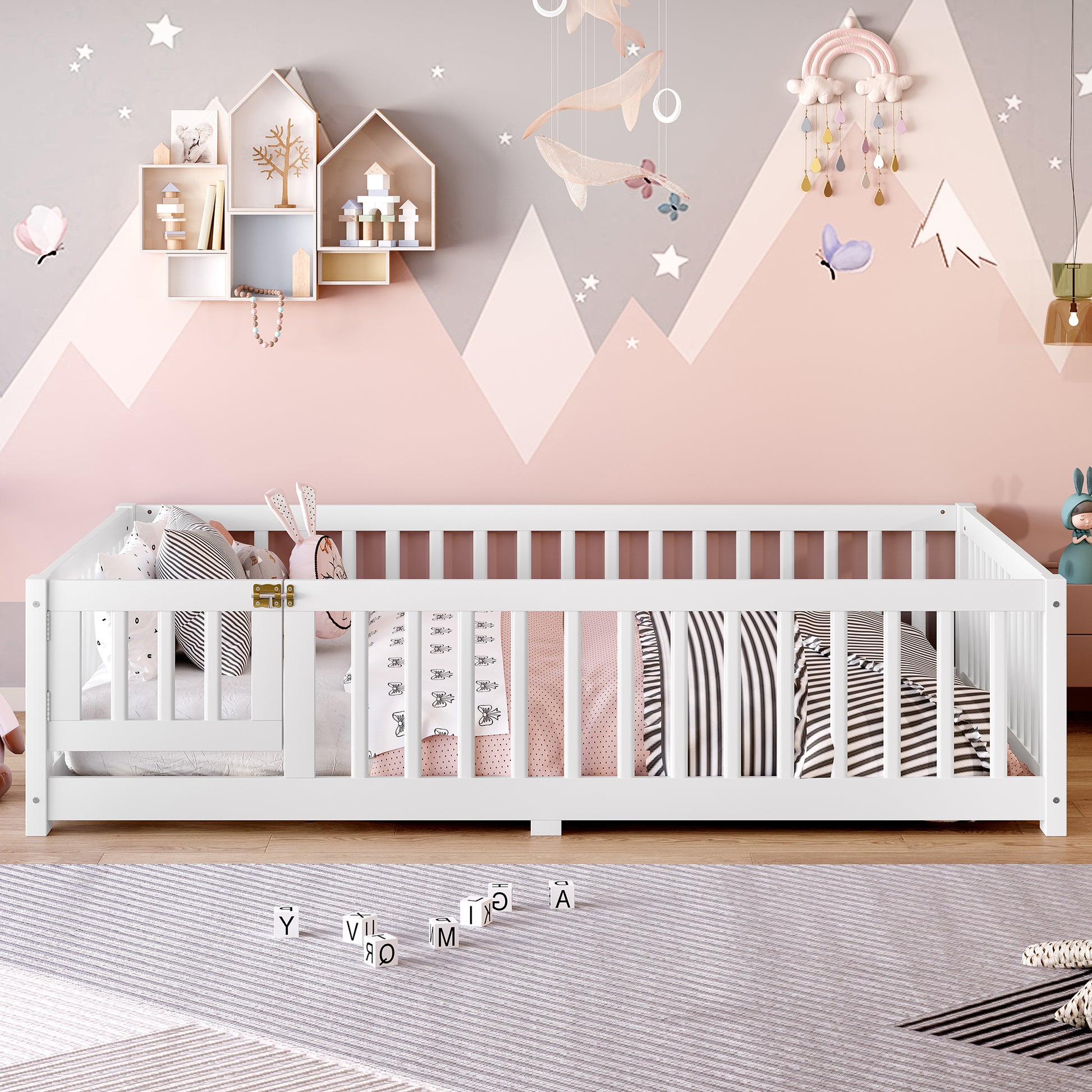 variant-group:rf-w1580p338950|Roomfitters Wooden Full Floor Bed Frame with Door & Safety Guardrails, Low Platform Design for Bedroom or Playroom, White