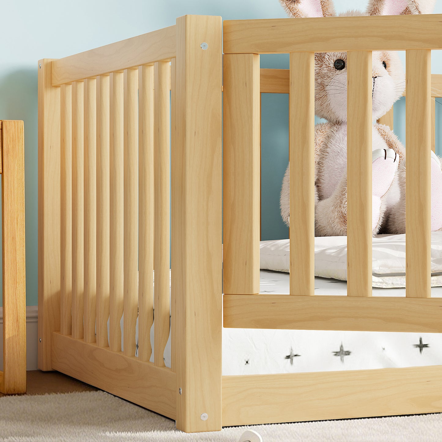 variant-group:rf-w1580p417669|Roomfitters Twin Size Wooden Floor Bed with Safety Guardrails Door, Solid Wood Low Profile Toddler Bed Frame, Natural