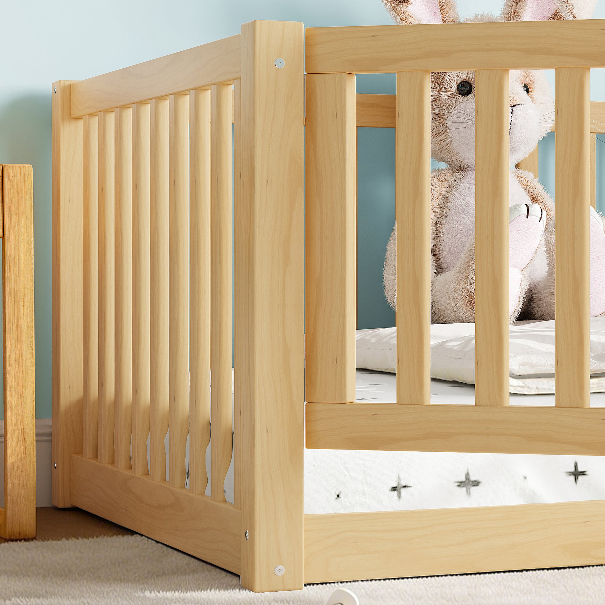 variant-group:rf-w1580p417669|Roomfitters Twin Size Wooden Floor Bed with Safety Guardrails Door, Solid Wood Low Profile Toddler Bed Frame, Natural