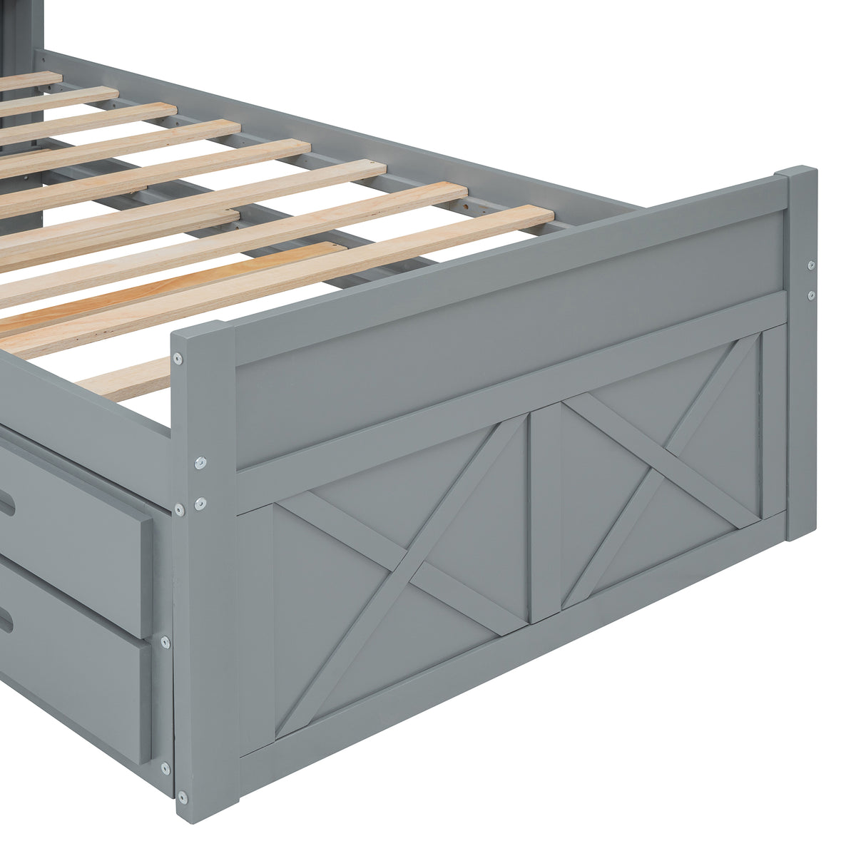 variant-group:rf-n733s172839e|Roomfitters Twin Size Wooden Bed with Storage Headboard, Convenient Outlets, Extendable Frame with Twin Trundle and Ample Storage, Gray