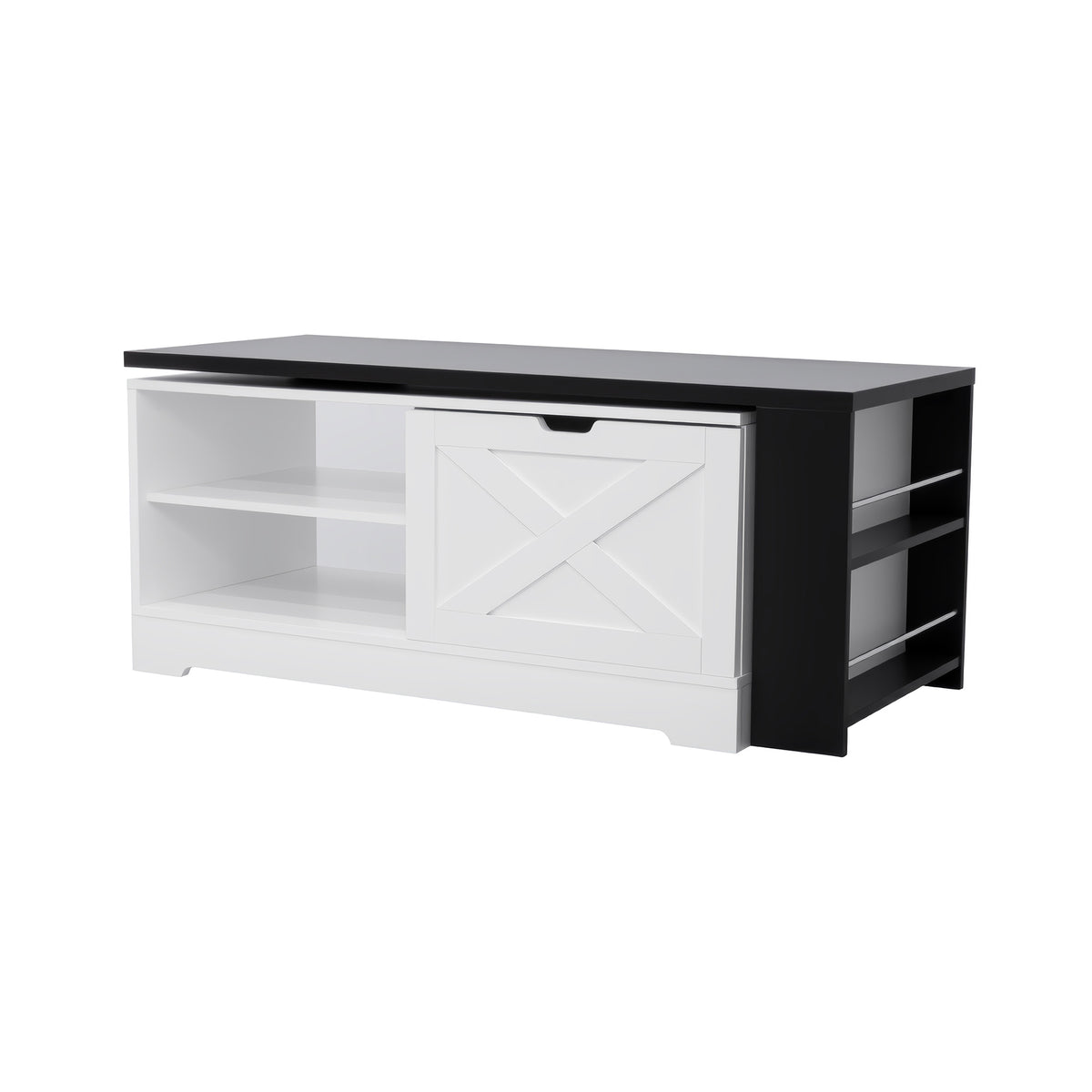 variant-group:rf-n724p351732k|Roomfitters Farmhouse Lift Top Coffee Table with Barn Doors and Outlets, White & Black