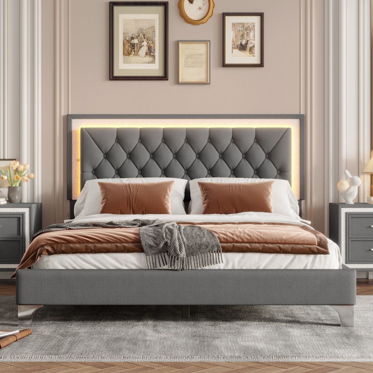 variant-group:rf-n733p183657e|Roomfitters Modern Velvet Queen Platform Bed with Tufted Headboard and Built-In Lighting, Gray