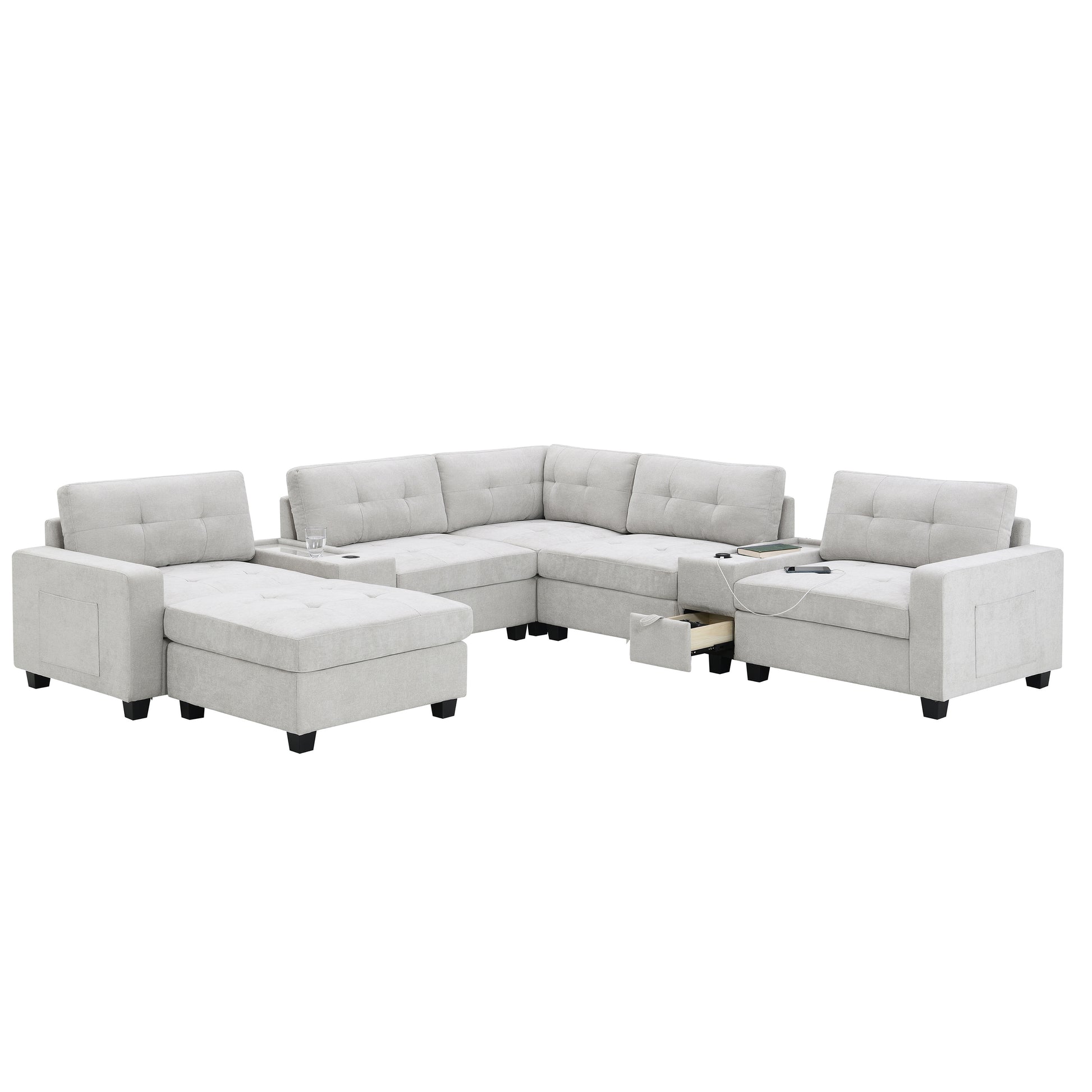 variant-group:rf-n723s1191k|Roomfitters 104 Inch Modular Sectional Sofa with Console and Cup Holders, Upholstered L-Shape Couch for Home Decor, Light Gray