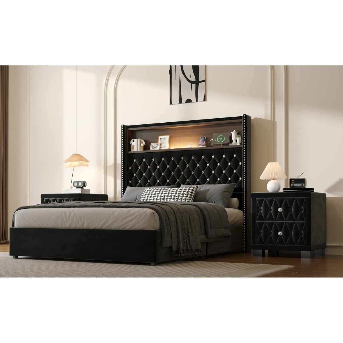 variant-group:rf-n733p368653b|Roomfitters Full Velvet Tufted Platform Bed with Charging Ports, Tall Wingback Headboard with Rivet Trim and Shelf, Black
