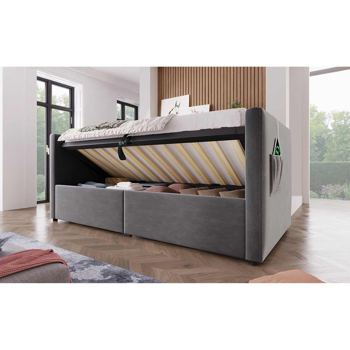 variant-group:rf-n736p303402g|Roomfitters Upholstered Twin Size Daybed with Storage, USB & Type-C Charging, Tufted Sofa Back, Velvet Gray