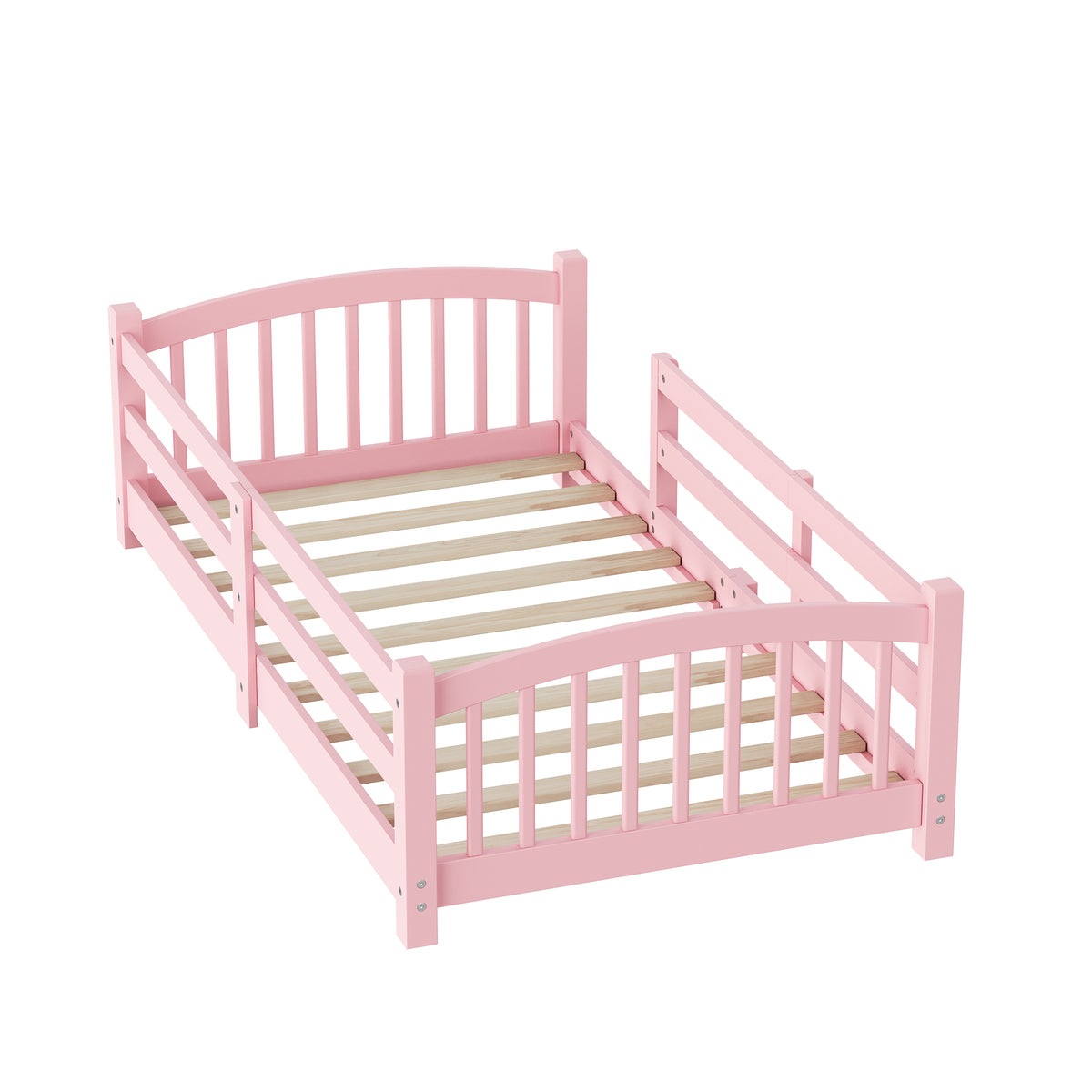 variant-group:rf-n733p400298h|Roomfitters Twin Montessori Floor Bed with Guardrails, Solid Wood Low Platform Bed with Slats, Easy Assembly, Pink