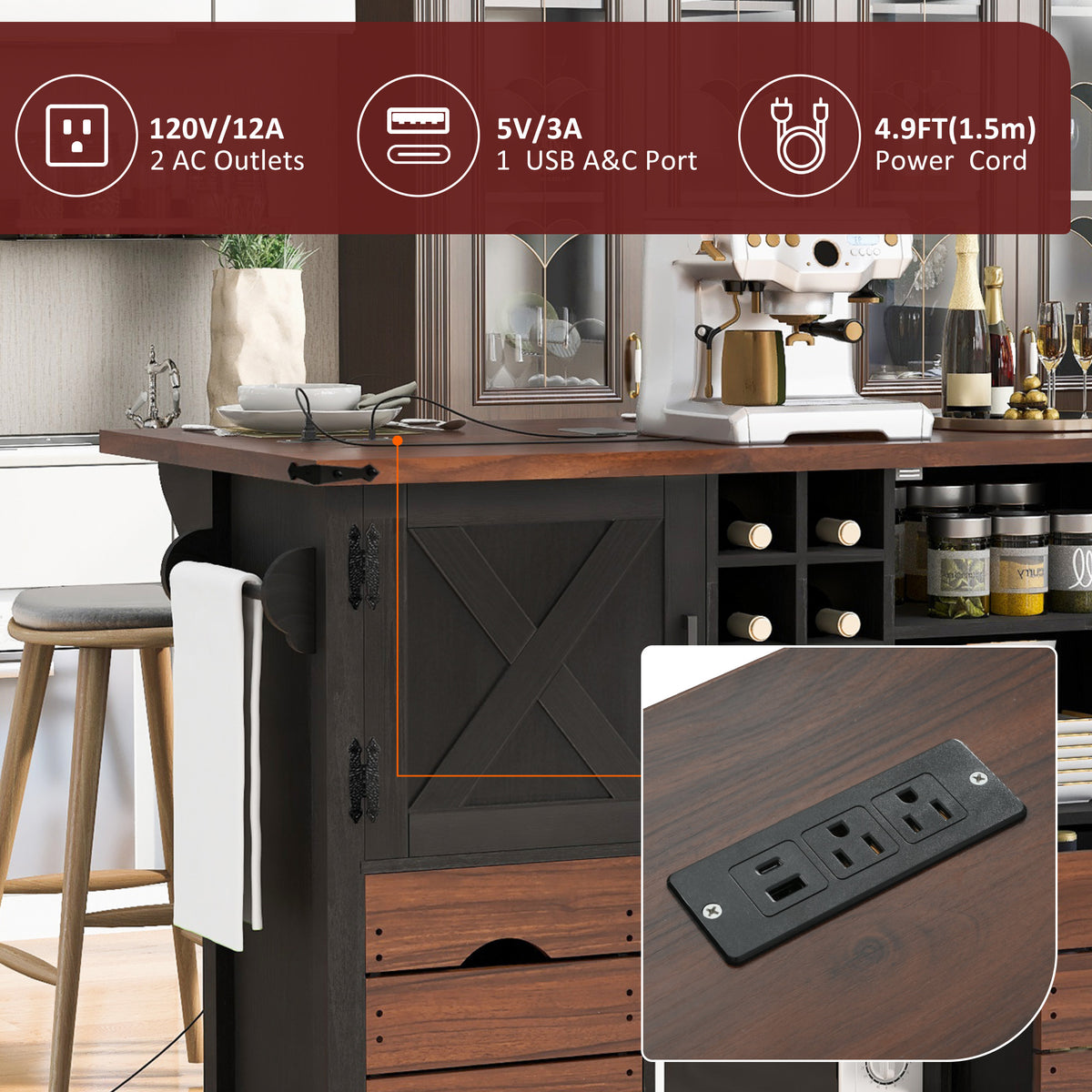 variant-group:rf-n707p349814b|Roomfitters 54" Farmhouse Kitchen Island with Drop Leaf, Power Outlet, Wine Rack, 2 Drawers, 2 Doors, Black