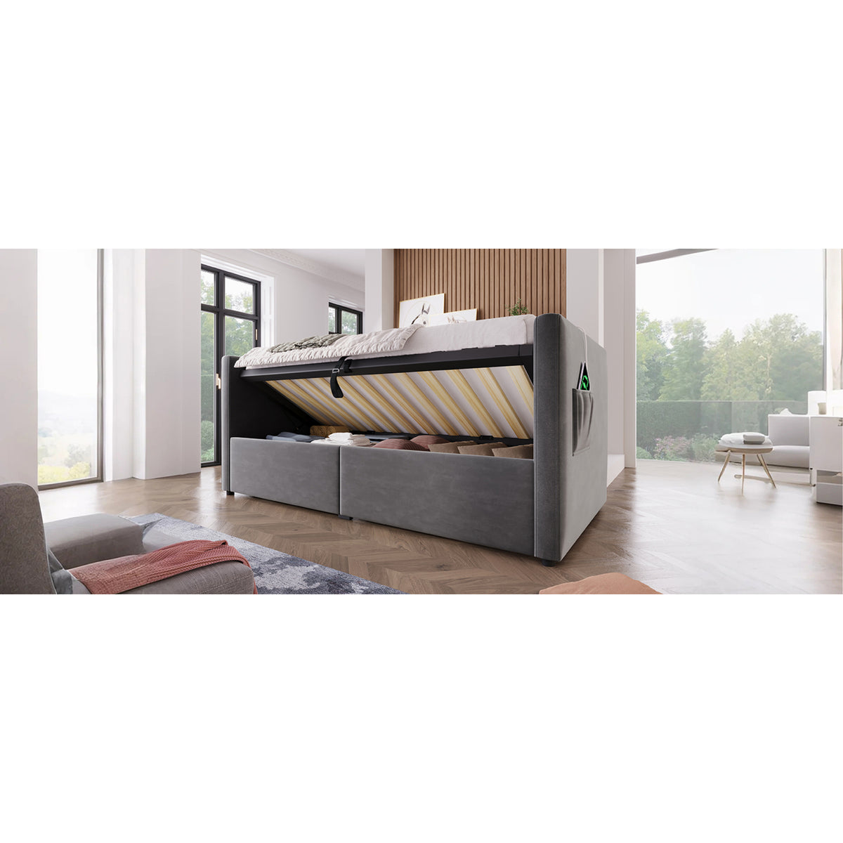 variant-group:rf-n736p303402g|Roomfitters Upholstered Twin Size Daybed with Storage, USB & Type-C Charging, Tufted Sofa Back, Velvet Gray