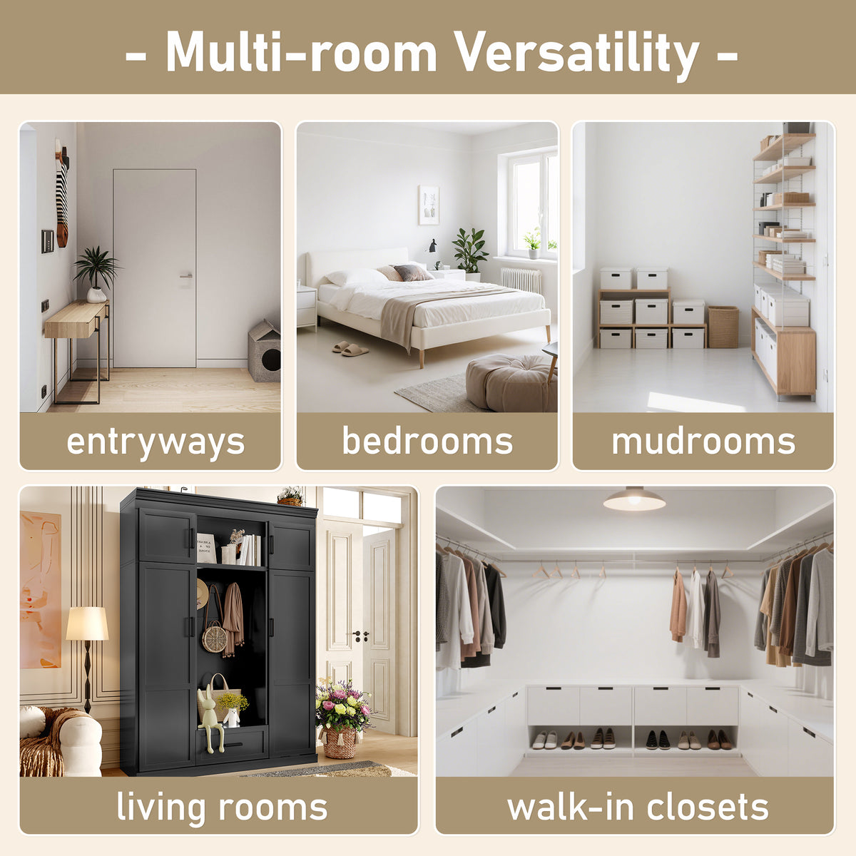 variant-group:rf-n724sj000140aab|Roomfitters 85.2" Hall Tree with Bench, 3 Hooks, 4 Doors, 1 Drawer and Adjustable Storage Shelves, Black