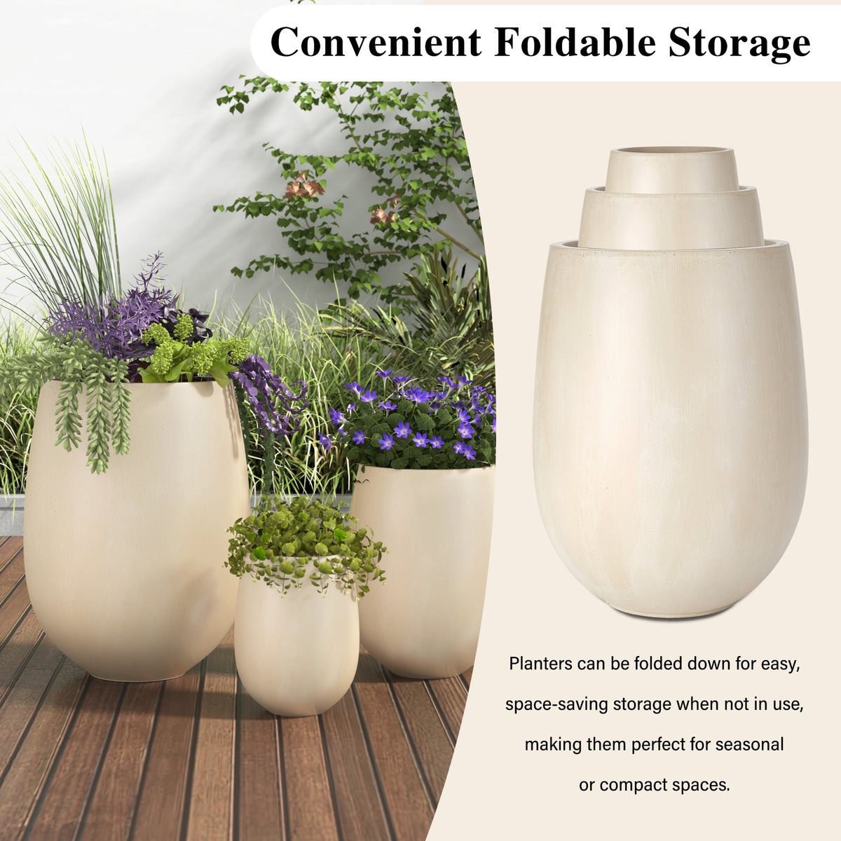 variant-group:rf-n711p406658a|Roomfitters Lightweight Round MGO Planter Set, 3-Piece Graduated Outdoor Flower Pots, Beige Weather-Resistant Urns