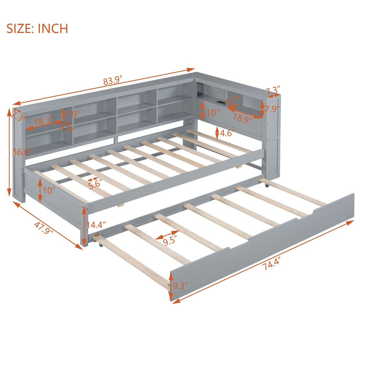 Roomfitters Wooden Twin Size Daybed with Twin Trundle, Storage Shelf, and USB Charging Ports, Space-Saving Multifunctional Design, Gray