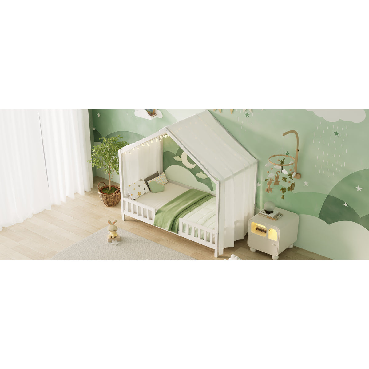 variant-group:rf-n733p356043k|Roomfitters Twin Montessori Floor Bed with Canopy, House Shape Wood Frame with Safety Rails, Youth Platform Bed, White