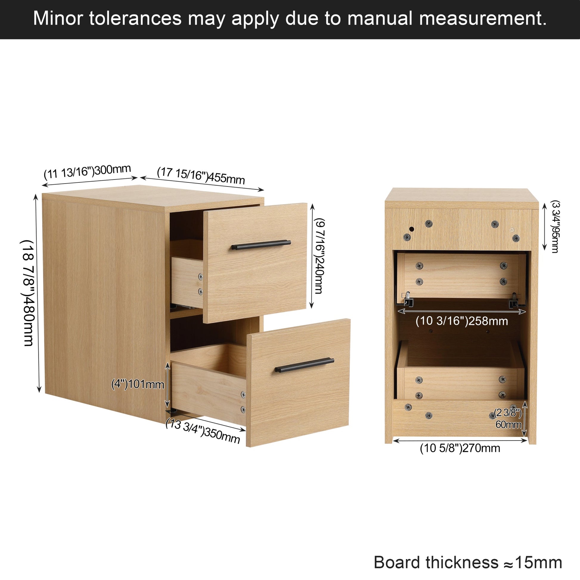 12" Floating Bathroom Vanity Drawer Base, Light Oak Plywood Cabinet, Wall-Mounted Storage with 2 Drawers & Black/Aluminum Handles (Sink Not Included) Roomfitters