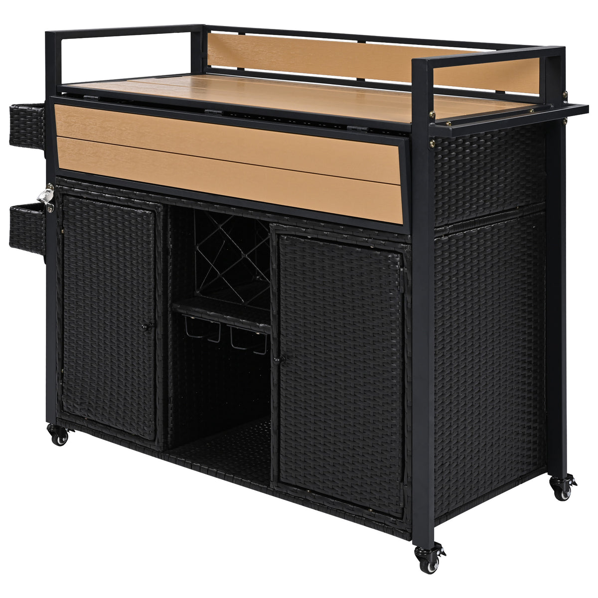 variant-group:rf-n707p233747b|Roomfitters 52.8" Wicker Outdoor Grill Cart with Plastic Wood Table, Rolling Island with Storage Cabinet, Double Handles, Black Brown