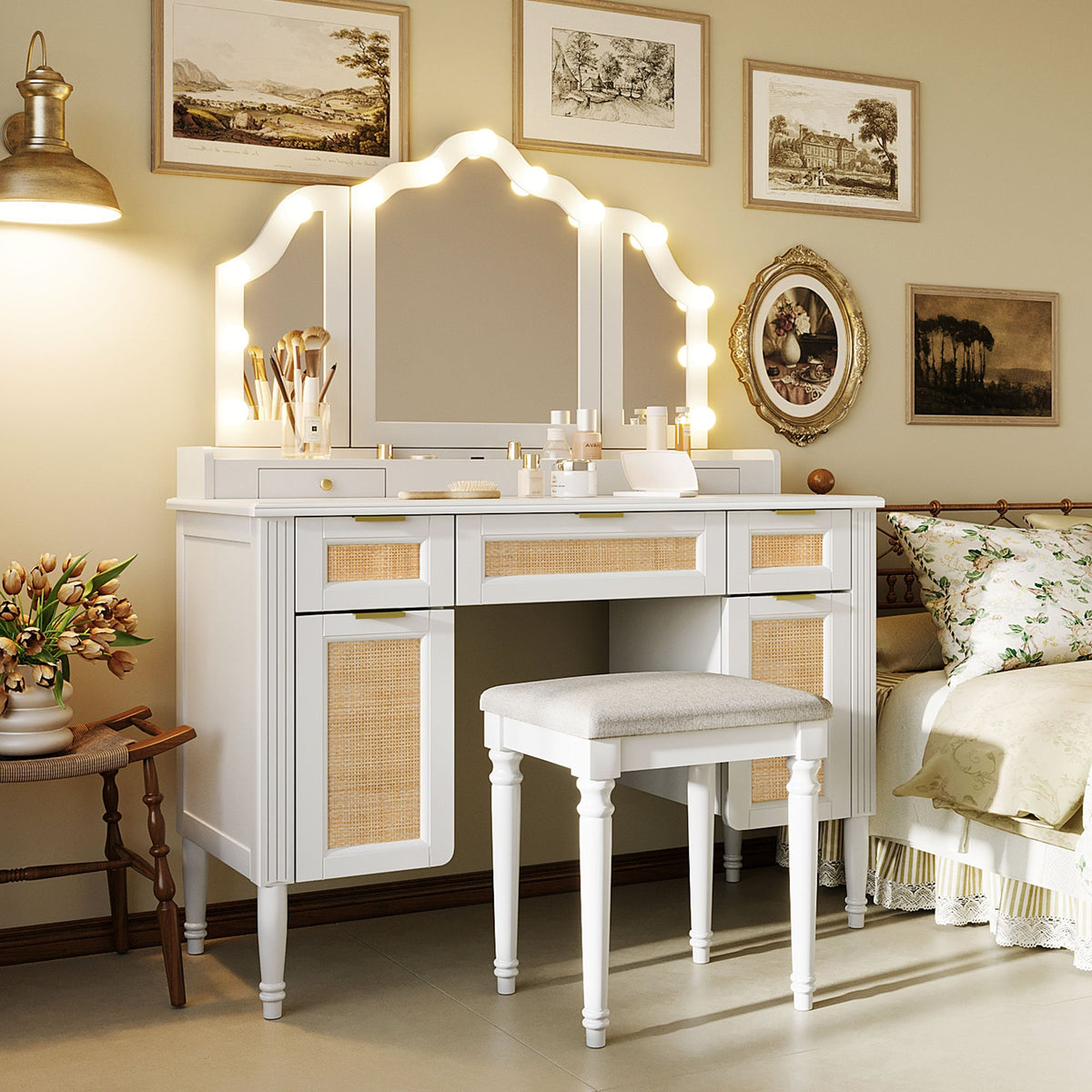 Roomfitters 44.37" Makeup Vanity with Lighted Tri-fold Mirror, French Vintage Rattan Dressing Table, Drawers and Stool, White Roomfitters