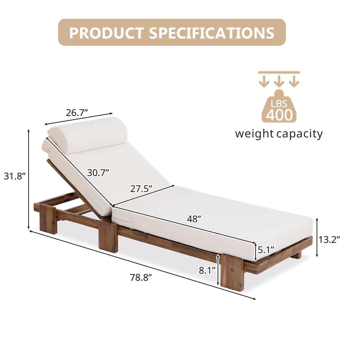 variant-group:rf-n711wy000473aaa|Roomfitters 78.8" Outdoor Patio Chaise Lounge Chair with Adjustable Backrest and Side Table for Poolside & Garden, Beige