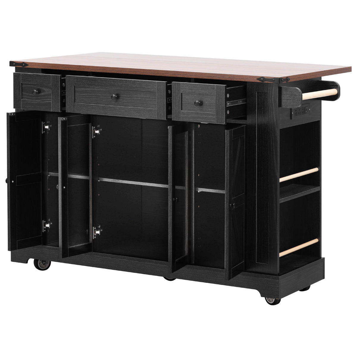 variant-group:rf-n707p263637b|Roomfitters 53" Rolling Kitchen Island with Drop Leaf, Mobile Cart with Glass Doors, 5 Side Shelves & Power Outlets, Black