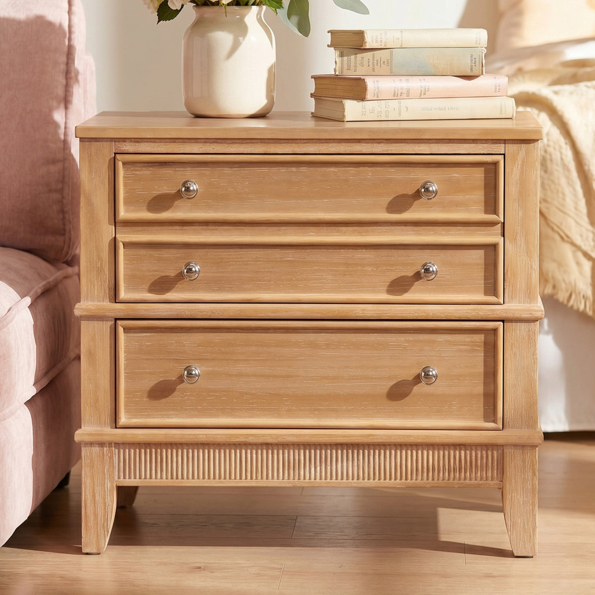 variant-group:rf-n701p183796d|Roomfitters 3 Drawer Farmhouse Wood Nightstand Side Table, Fully Assembled Bedside Accent Furniture, Felt Lined, Hazel