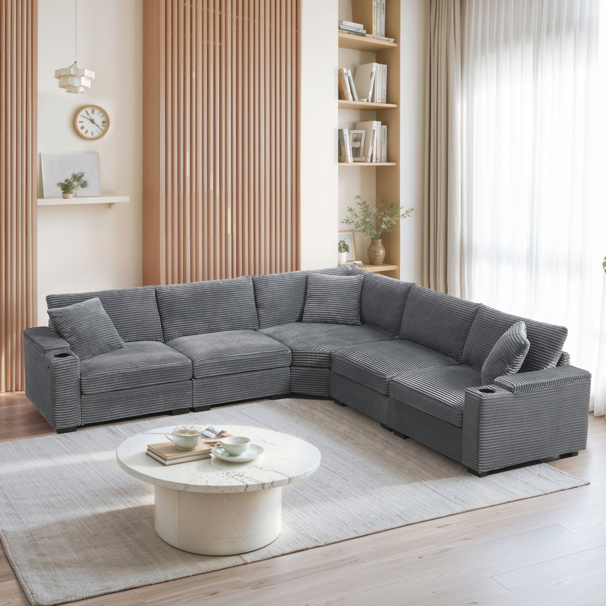 variant-group:rf-n723s1187e|Roomfitters 104 Inch Modern L-Shaped Sectional Sofa with Cup Holders, Comfortable Corduroy Upholstered Corner Couch, Gray