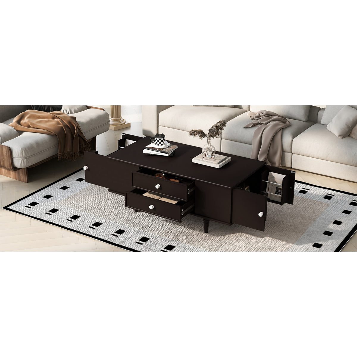 variant-group:rf-n724p286418d|Roomfitters Modern Rectangle Coffee Table with 4 Drawers and Hidden Side Storage, Solid Wood Legs, Brown