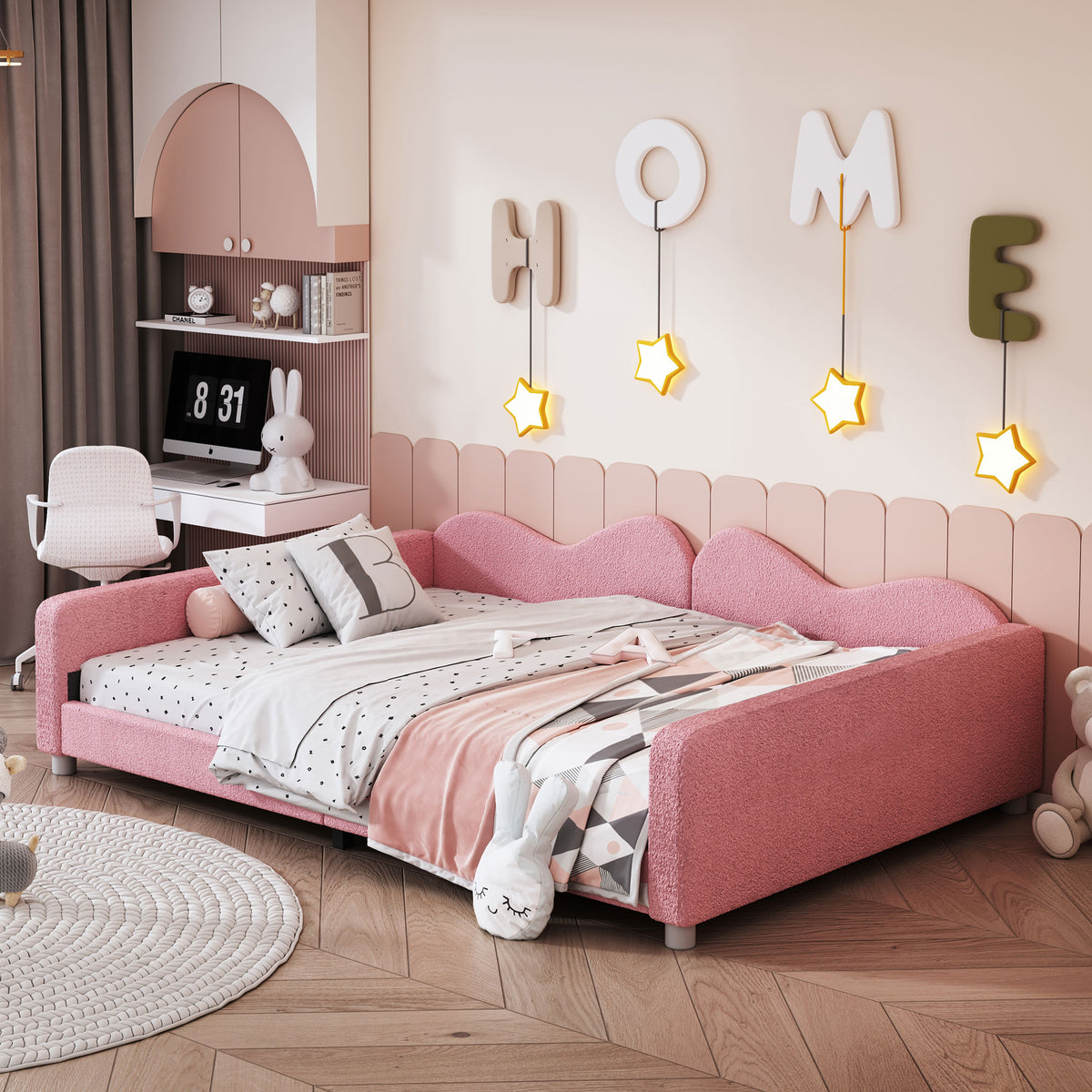 variant-group:rf-n733p234605h|Roomfitters Full Size Upholstered Daybed, Sherpa Fabric Sofa Bed with Cloud-Shaped Backrest, Sturdy and Stylish Design, No Box Spring Needed, Pink