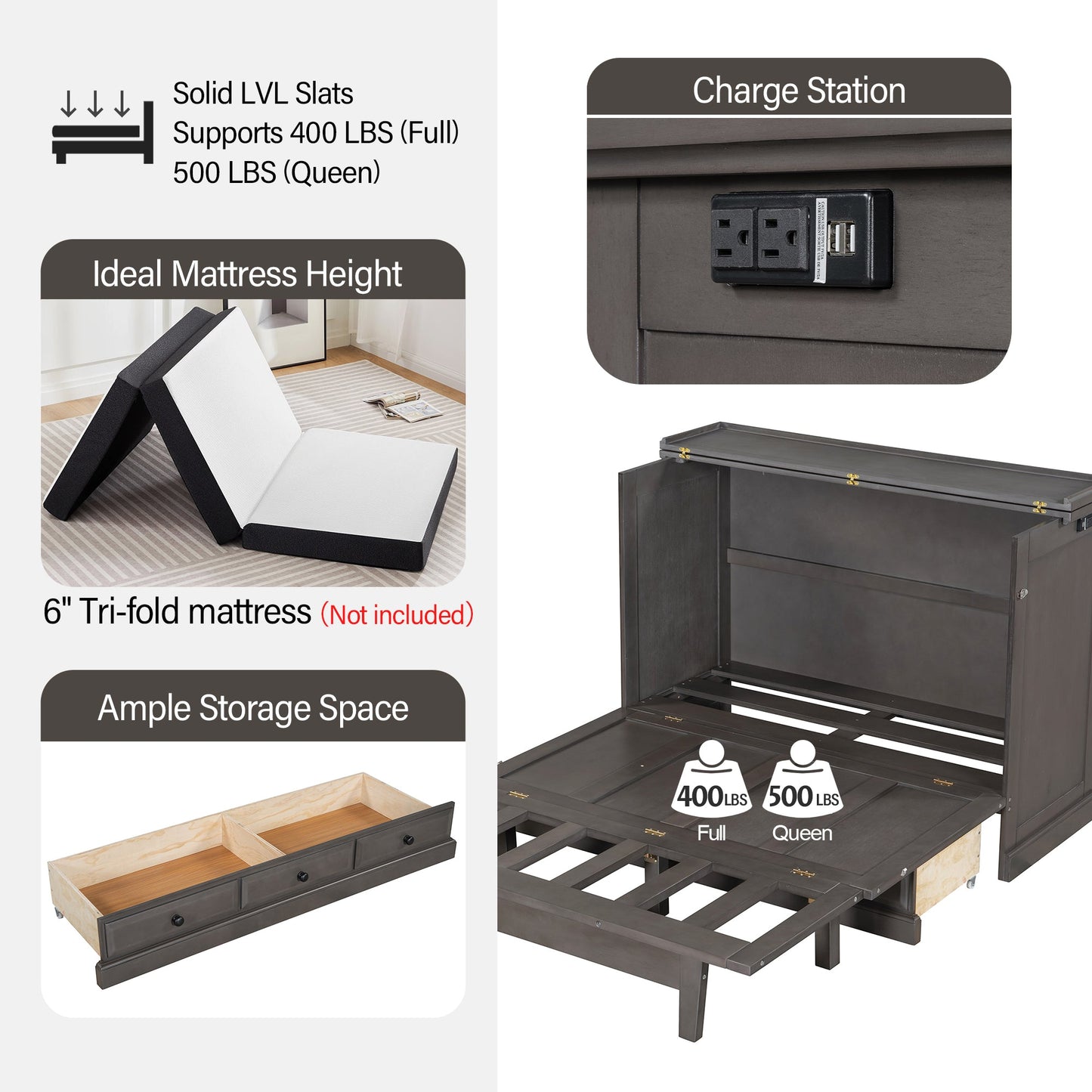 Roomfitters Full Size Solid Wood Murphy Bed Chest Cabinet, Farmhouse Wall Bed Charging Station Storage Drawer, Grey Roomfitters