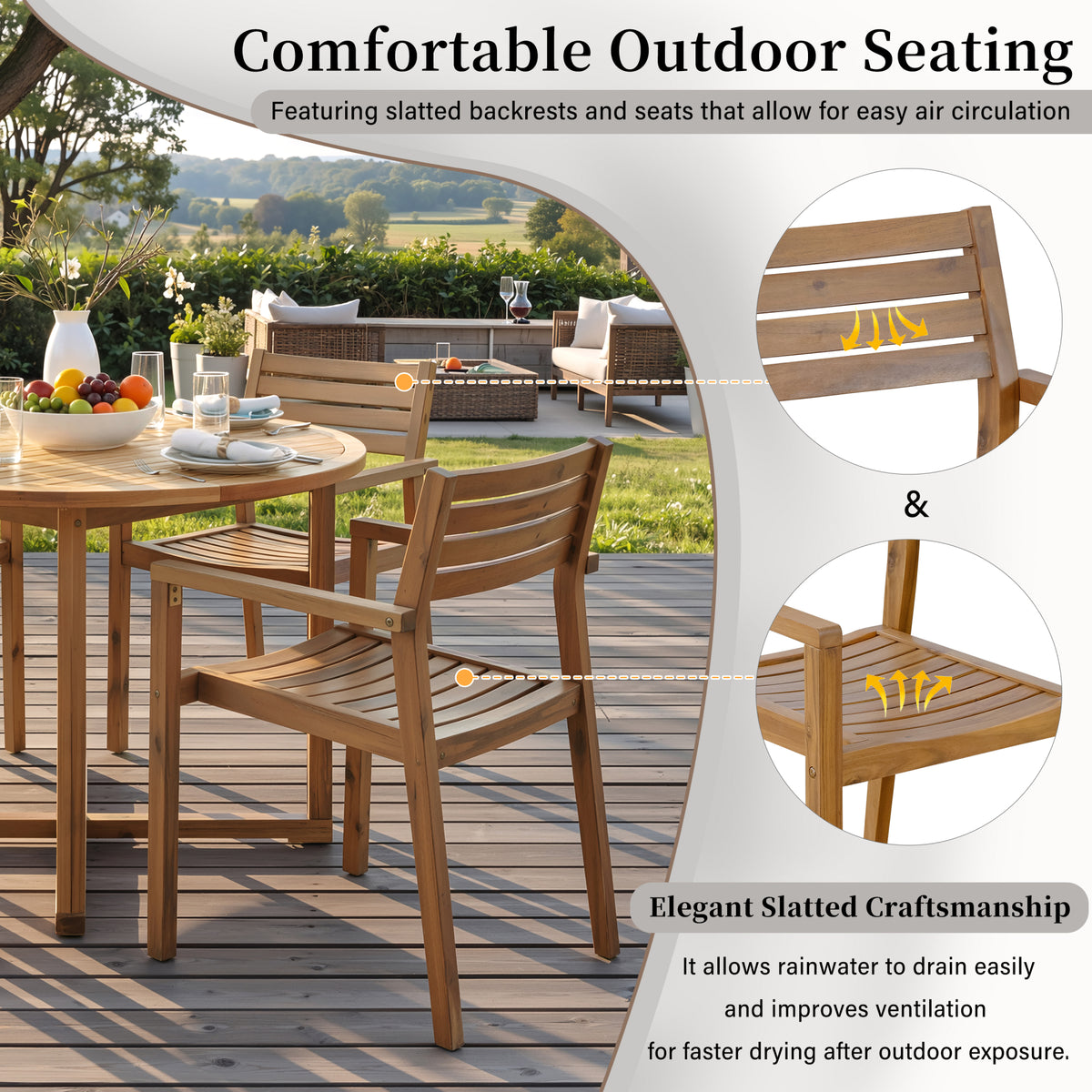 variant-group:rf-n711wy000475aao|Roomfitters 5-Piece Outdoor Dining Set for 4, 47.2-Inch Round Acacia Wood Table, Natural Brown Slatted Patio Group
