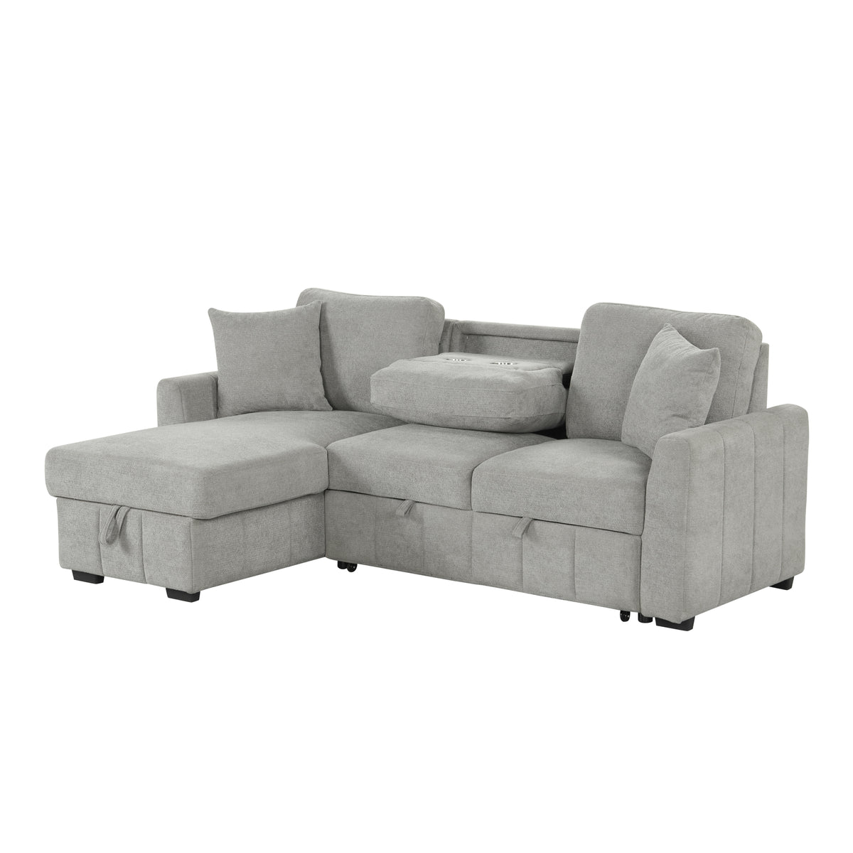 variant-group:rf-n711wy000467aae|Roomfitters 90" L-Shaped Sectional Sleeper Sofa with Storage Chaise and Pull Out Bed, Fold Down Cup Holder Table, Grey
