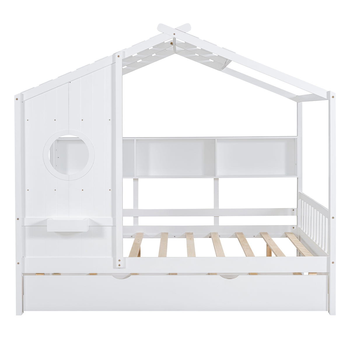 variant-group:rf-n733s316125k|Roomfitters Wooden Full Size House Bed with Trundle and Storage Shelf, White