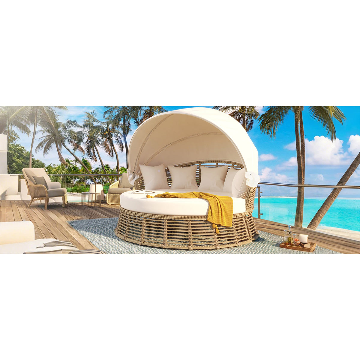 Roomfitters Outdoor Patio Rattan Round Daybed with Retractable Canopy and Removable Wicker Sectional Cushions Roomfitters