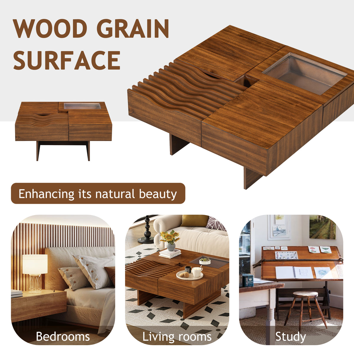 variant-group:rf-n724p270432d|Roomfitters Square Mid-Century Coffee Table with Glass Top and 3 Storage Compartments, Solid Wood Legs, Brown